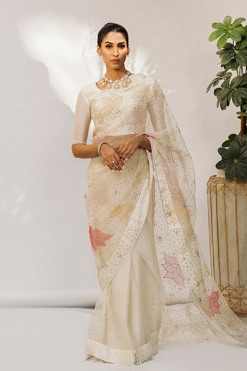 Pakistani Ivory Lotus Appliqué Organza Saree (2-Piece) - Image 1