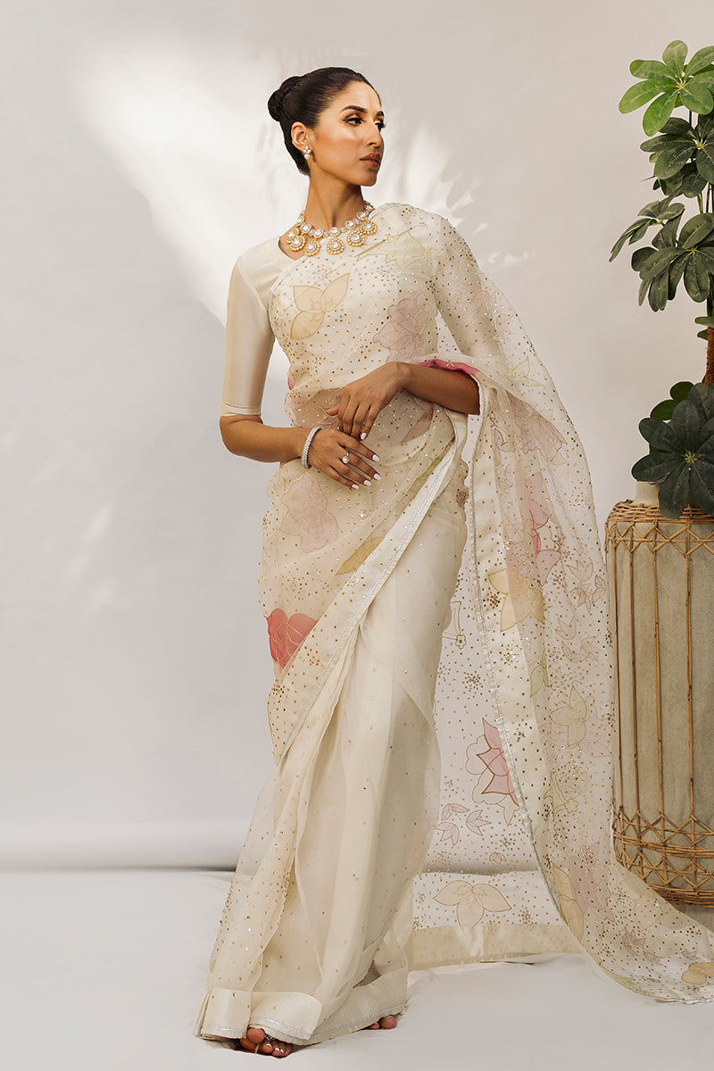 Pakistani Ivory Lotus Appliqué Organza Saree (2-Piece) - Image 2