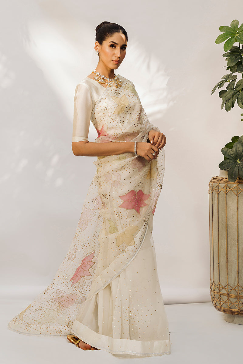 Pakistani Ivory Lotus Appliqué Organza Saree (2-Piece) - Image 3