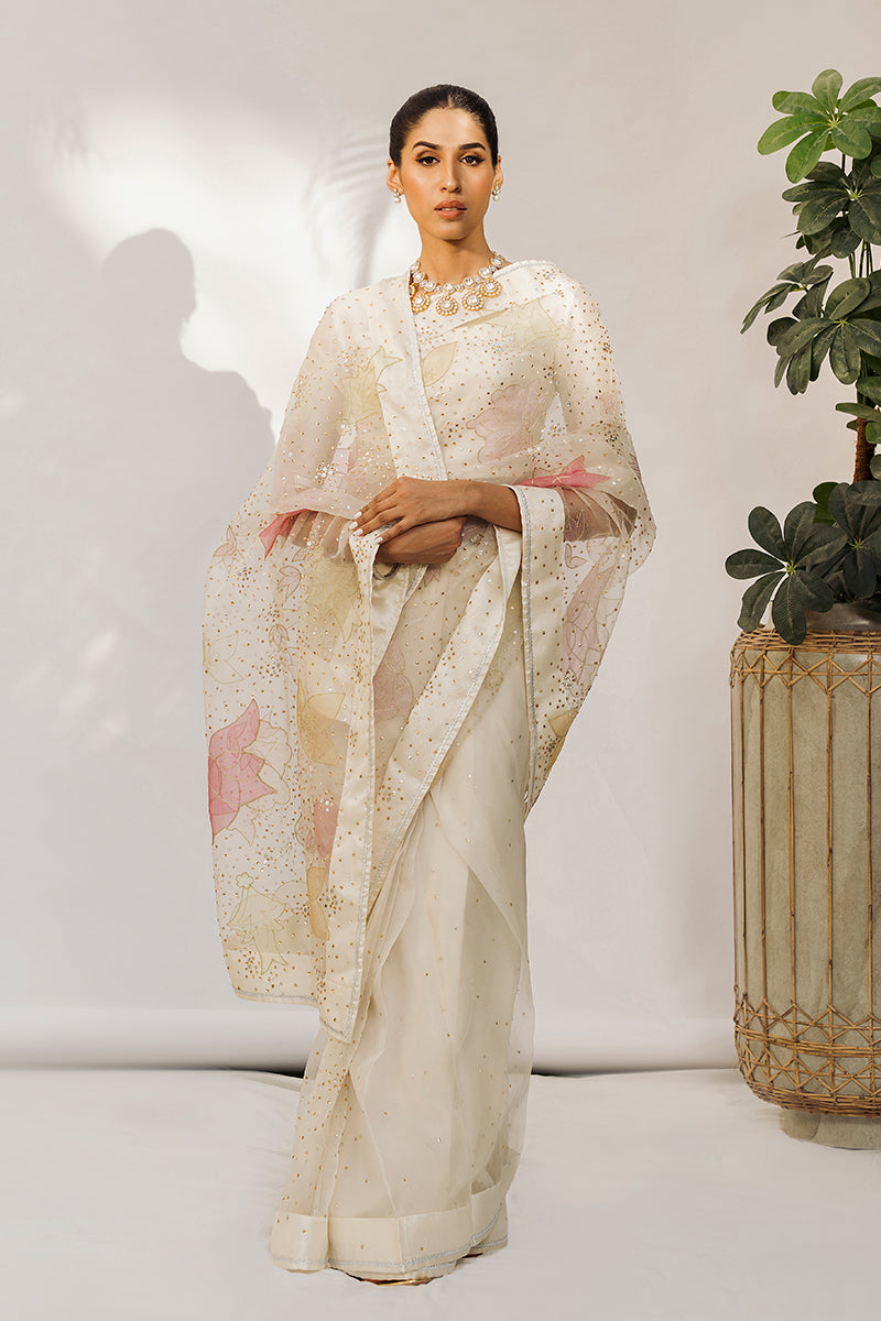 Pakistani Ivory Lotus Appliqué Organza Saree (2-Piece) - Image 4