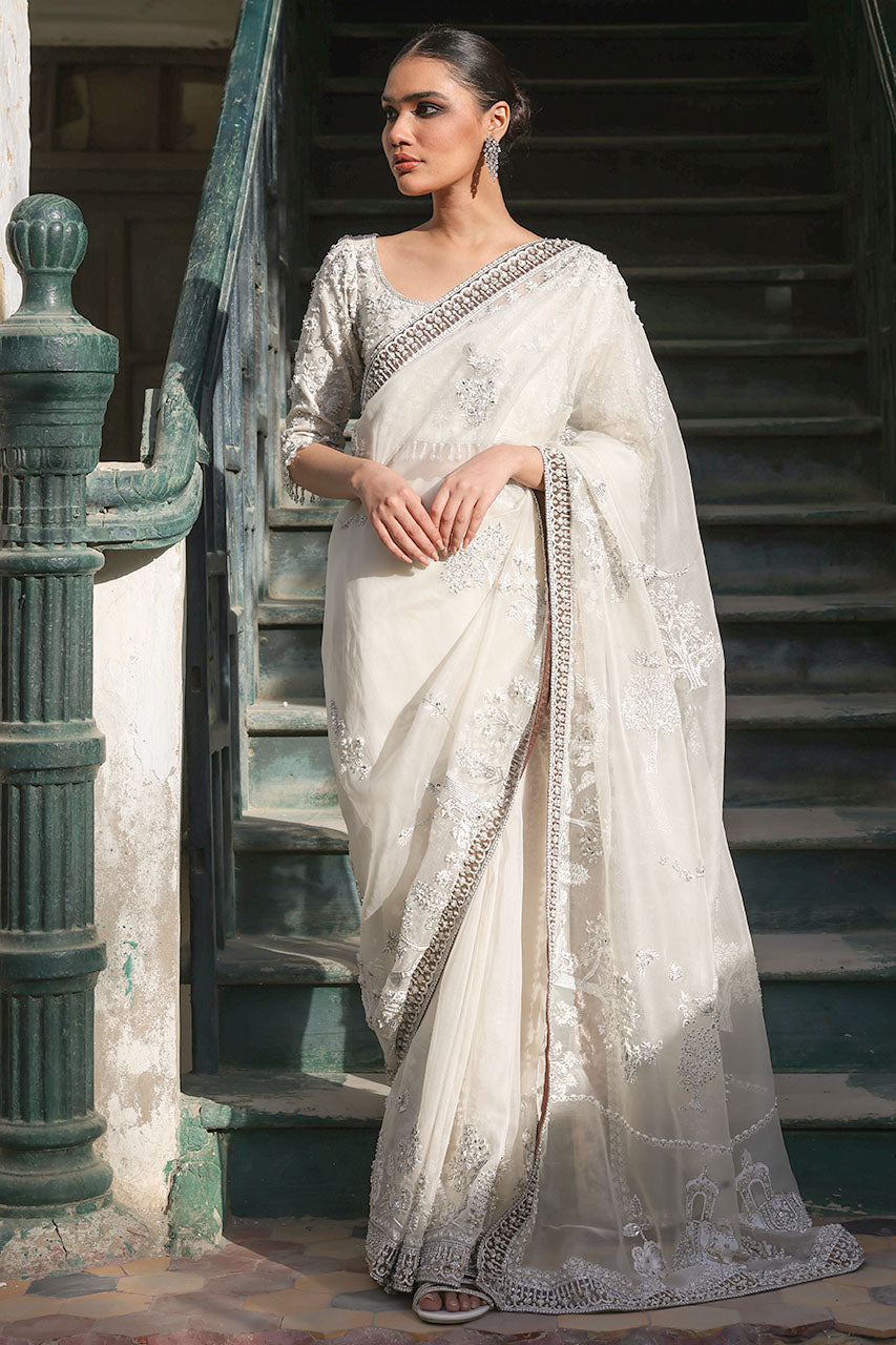 Ivory Hand-Embroidered Organza Silk Saree (2-Piece) - Image 1