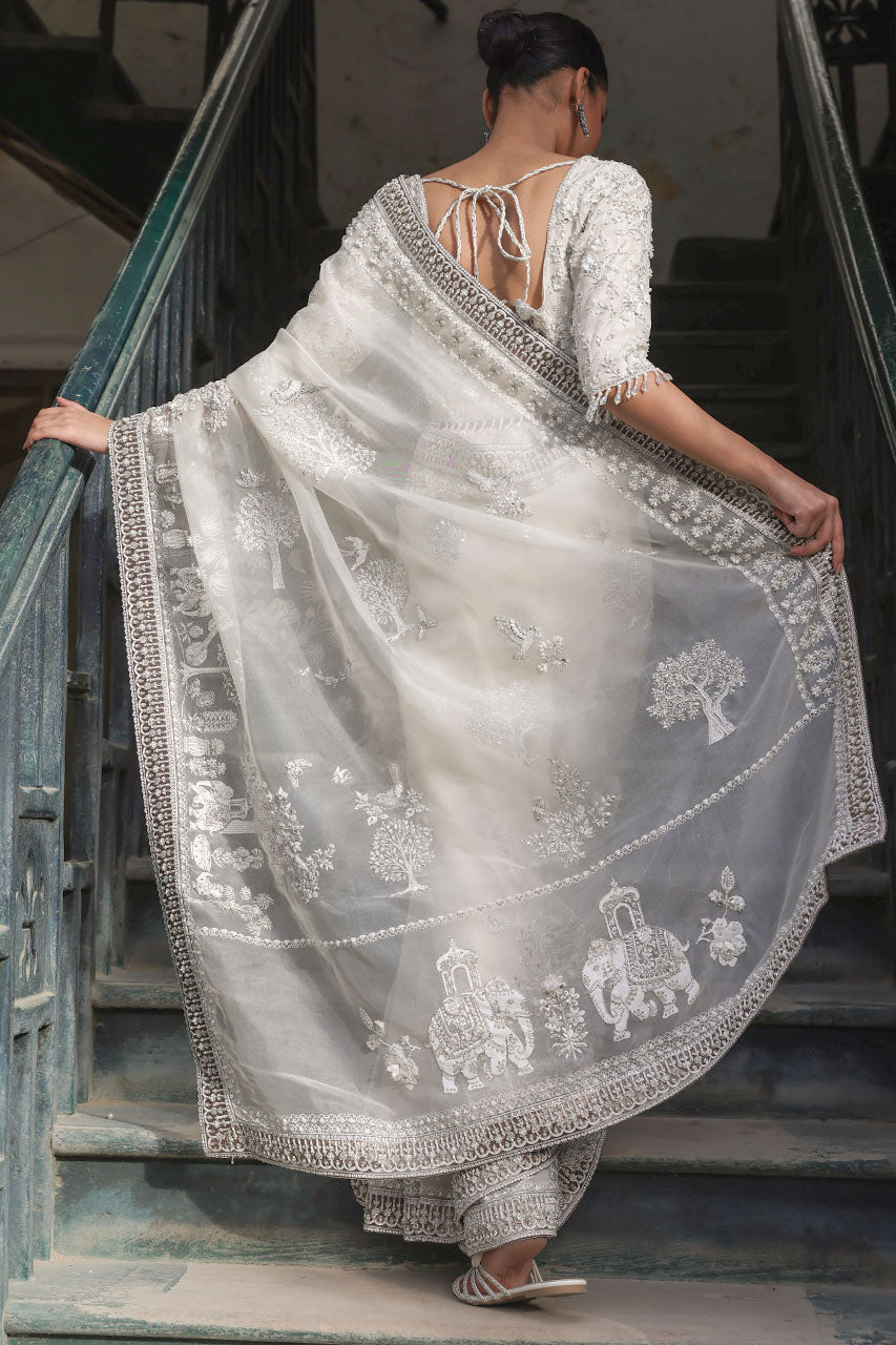 Ivory Hand-Embroidered Organza Silk Saree (2-Piece) - Image 2