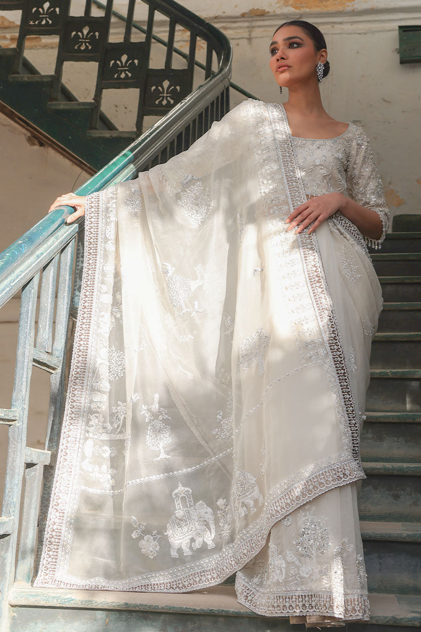 Ivory Hand-Embroidered Organza Silk Saree (2-Piece) - Image 5