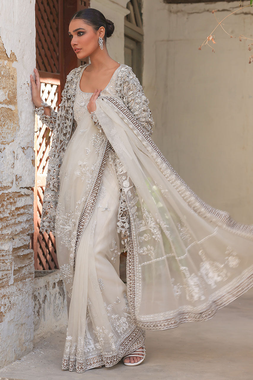 Ivory Hand-Embroidered Organza Silk Saree (2-Piece) - Image 7