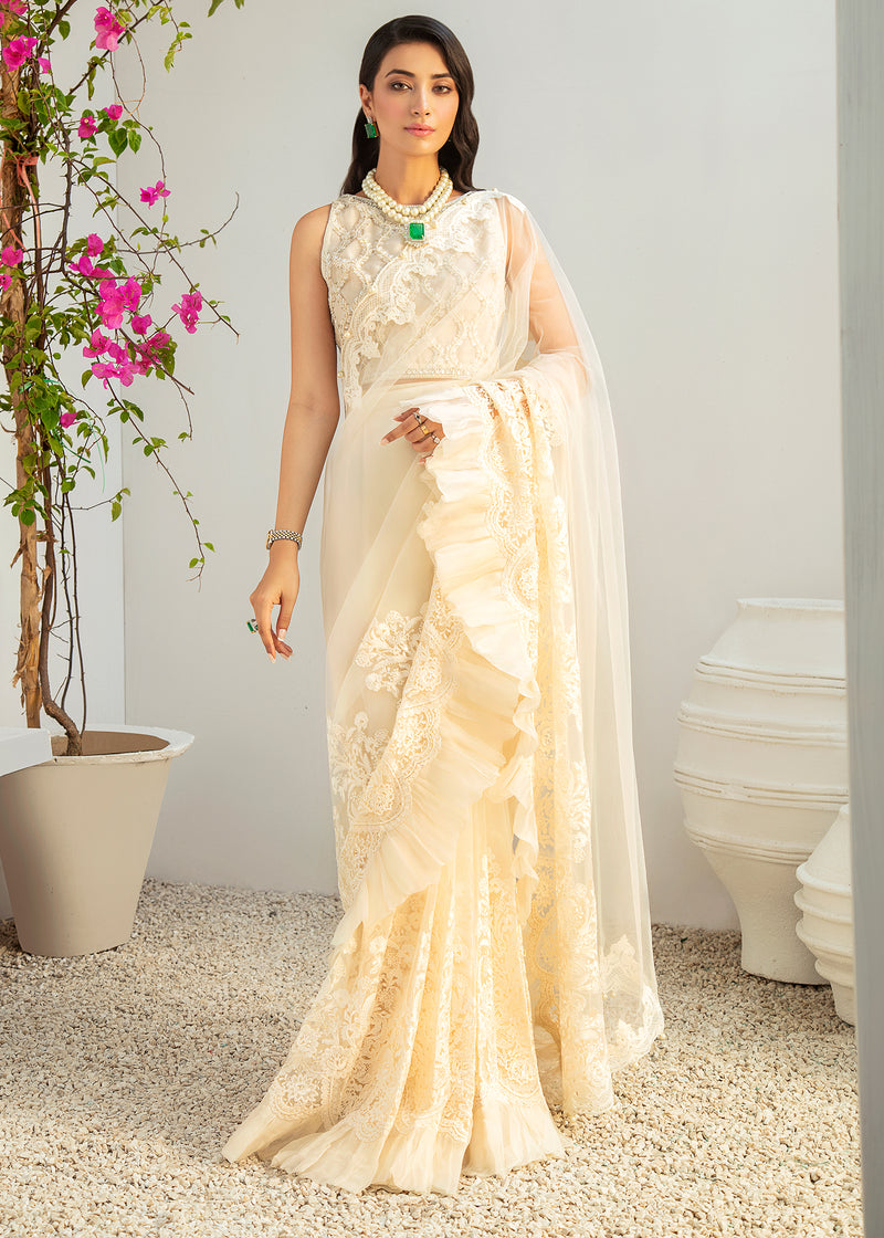 Offwhite Lace & Ruffle Organza Saree (2-Piece) - Image 1
