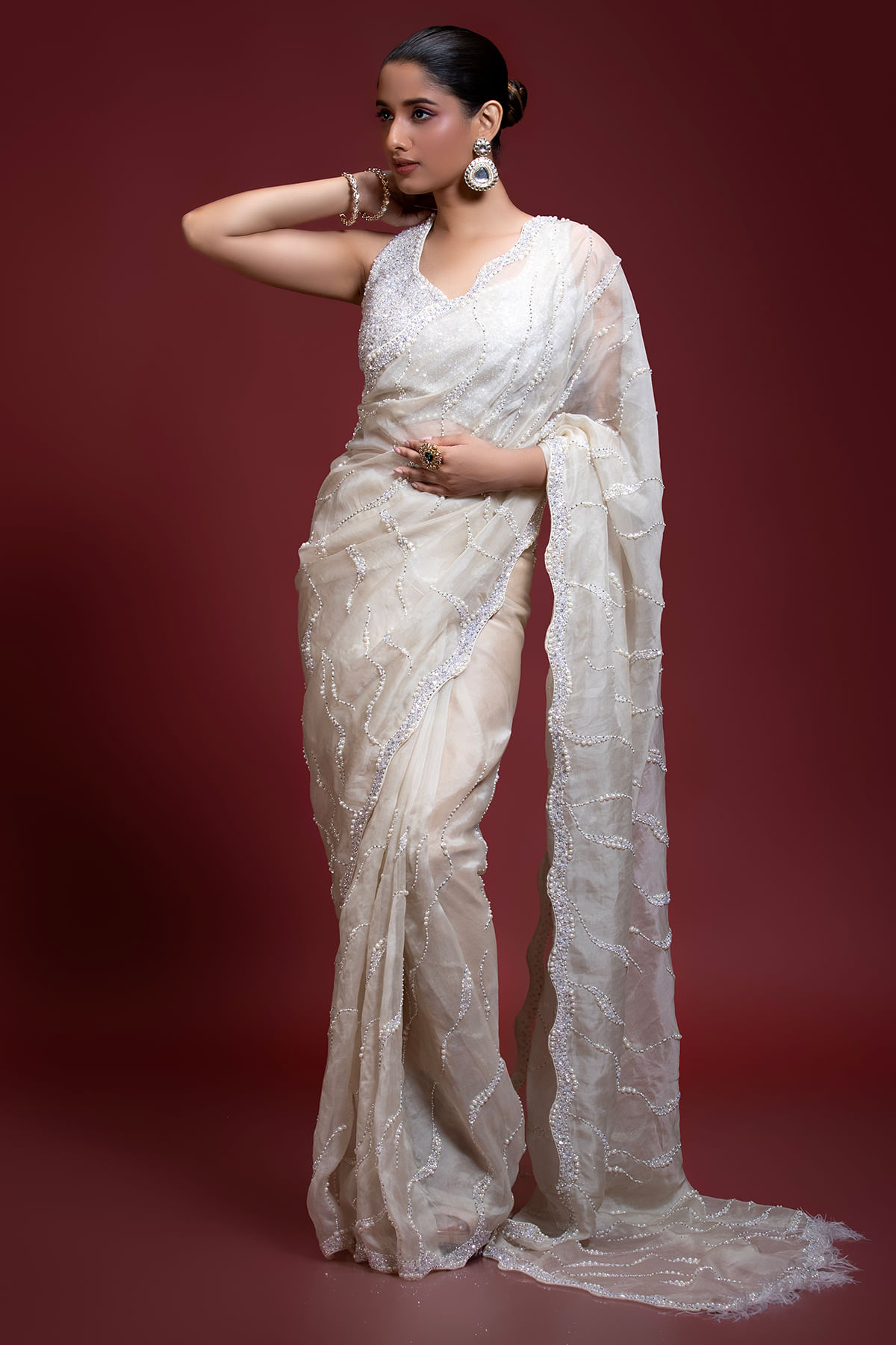 Indian Off-White Embellished Organza Saree (2-Piece) - Image 1