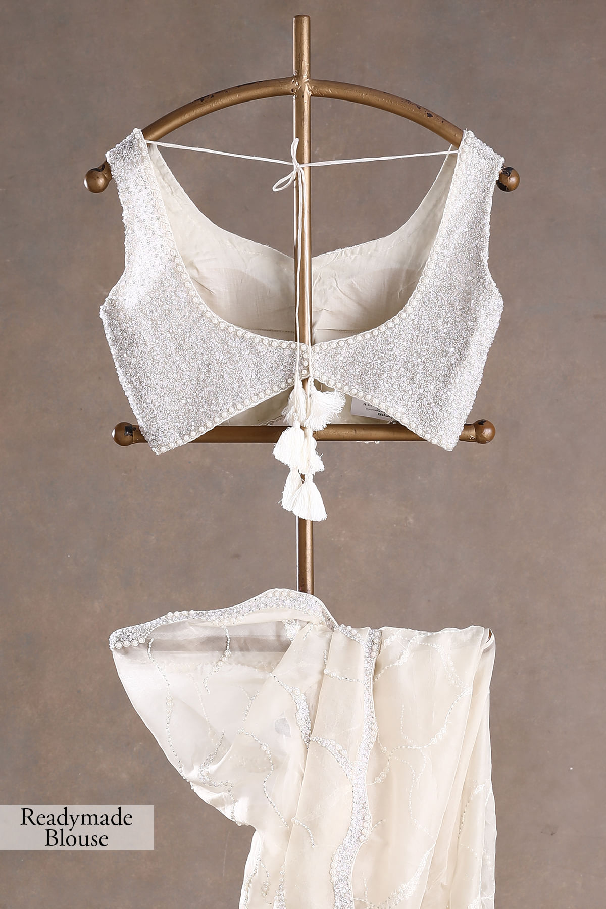 Indian Off-White Embellished Organza Saree (2-Piece) - Image 10