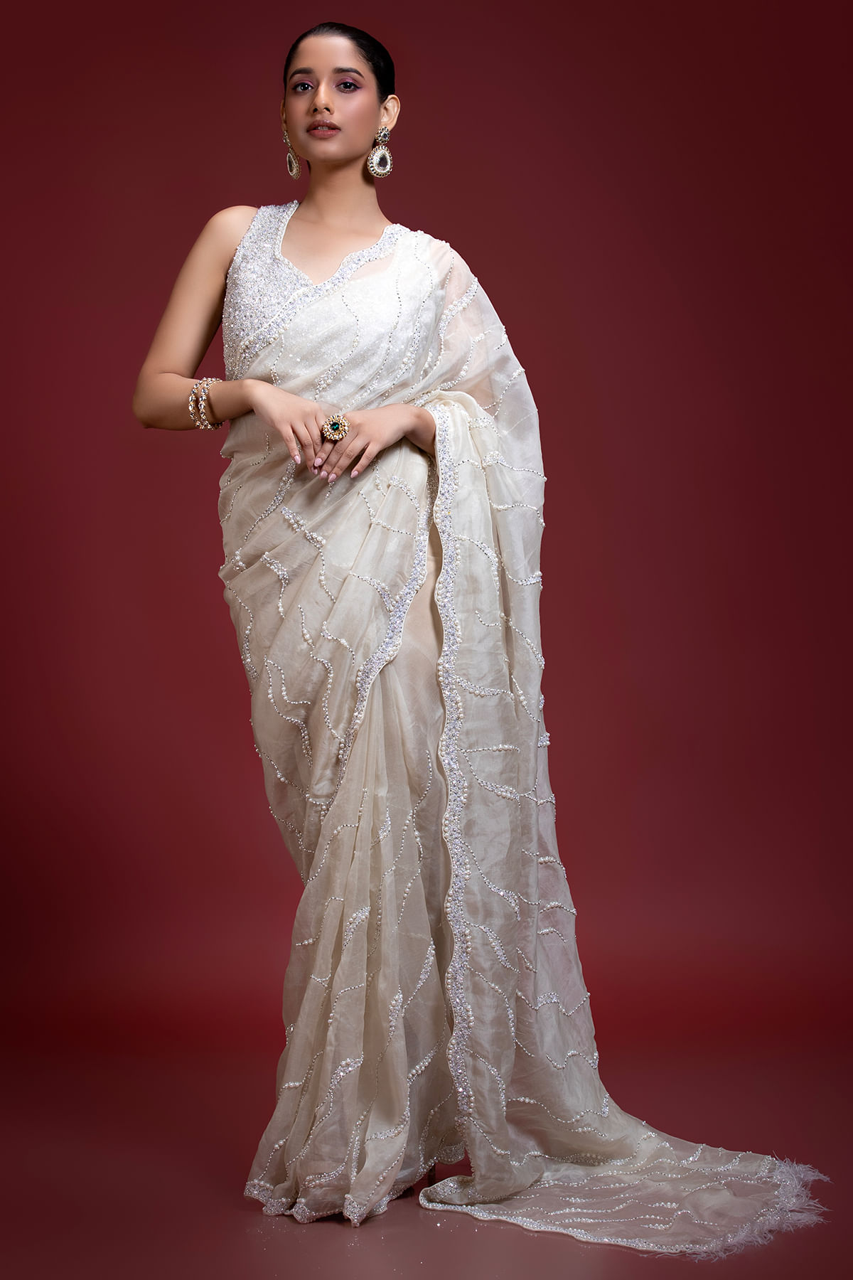 Indian Off-White Embellished Organza Saree (2-Piece) - Image 3
