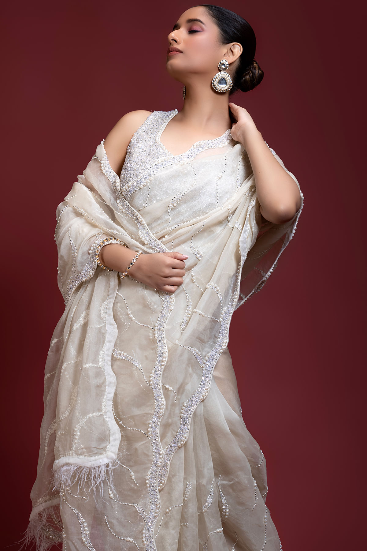 Indian Off-White Embellished Organza Saree (2-Piece) - Image 4