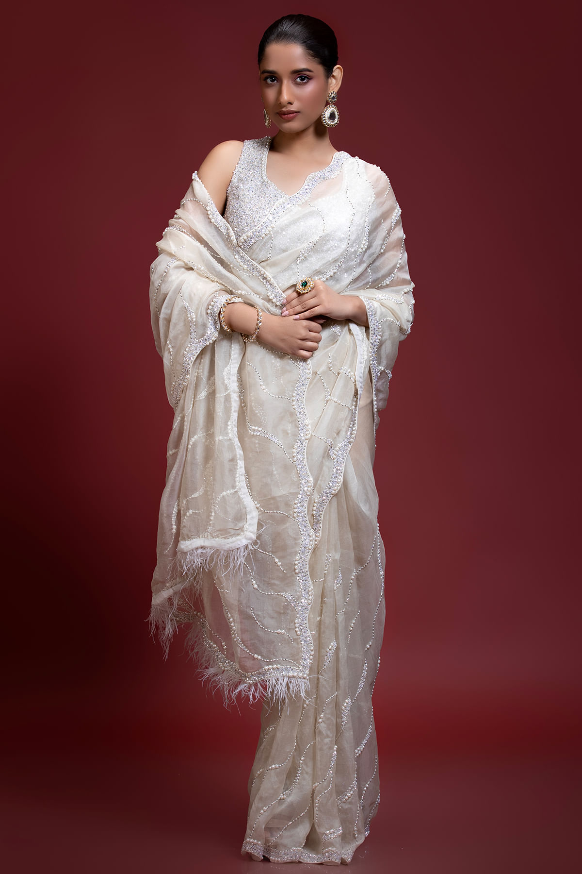 Indian Off-White Embellished Organza Saree (2-Piece) - Image 5