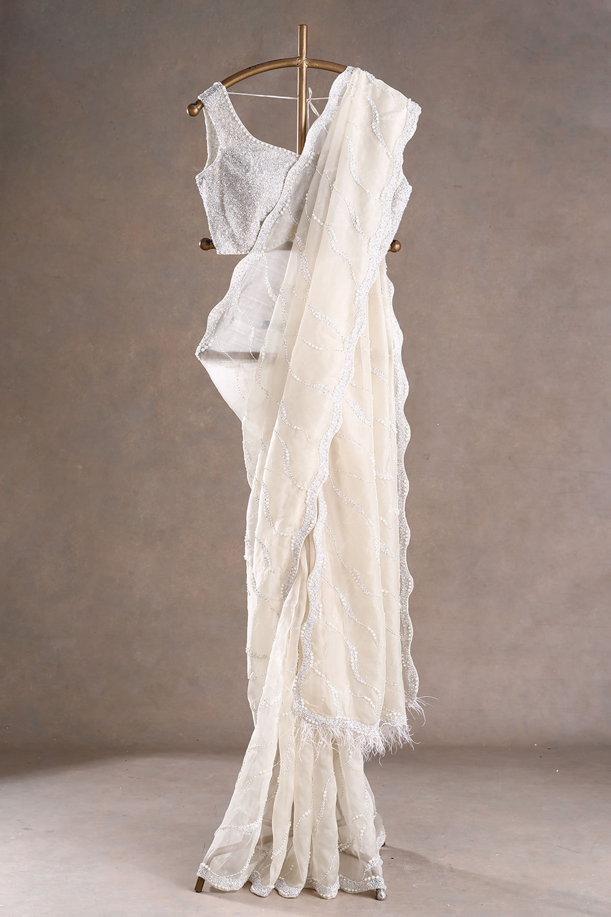 Indian Off-White Embellished Organza Saree (2-Piece) - Image 6