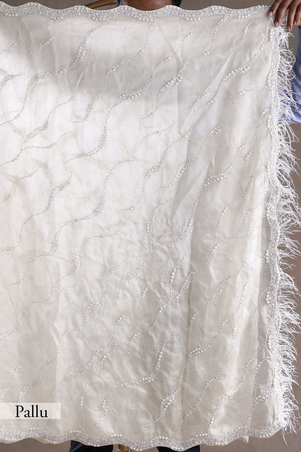 Indian Off-White Embellished Organza Saree (2-Piece) - Image 8