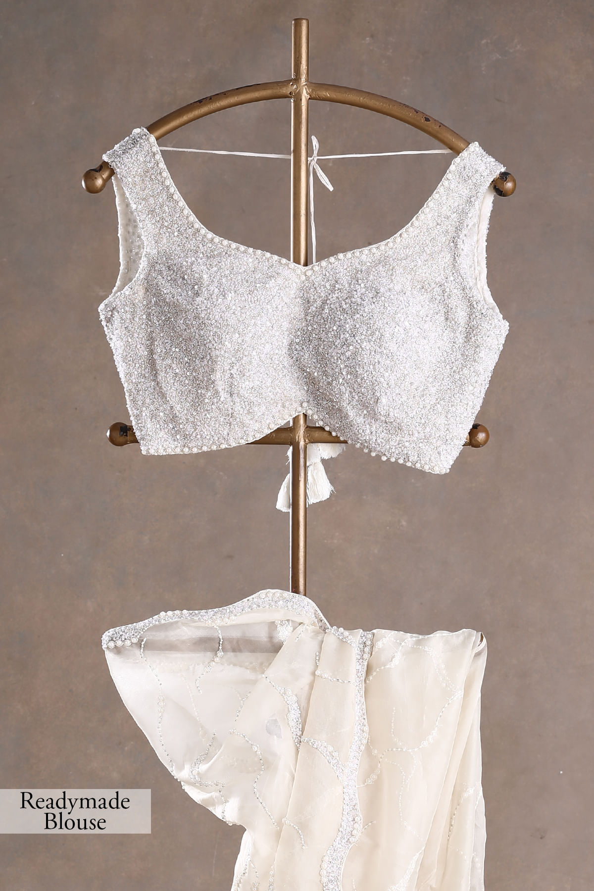 Indian Off-White Embellished Organza Saree (2-Piece) - Image 9