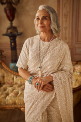 Indian Ivory Embroidered Organza Saree (2-Piece) - Image 3