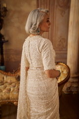 Indian Ivory Embroidered Organza Saree (2-Piece) - Image 4