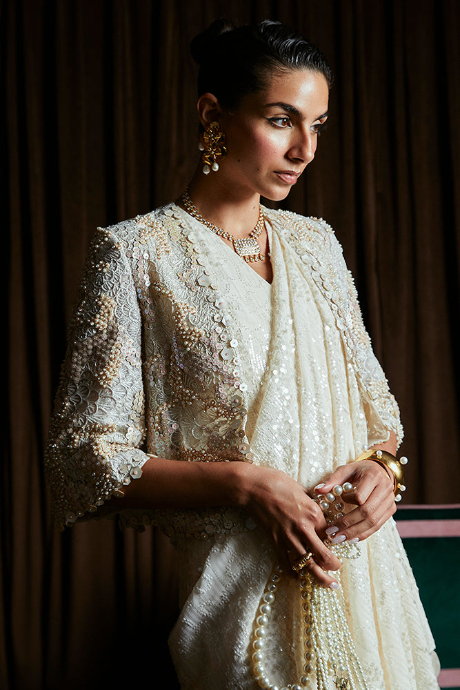 Cream Embellished Organza Saree with Crop Jacket (2-Piece) - Image 4