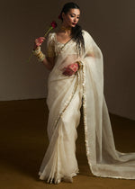 Pakistani Ivory Sequin Organza Saree with Chanderi Silk Blouse (3-Piece) - Image 2