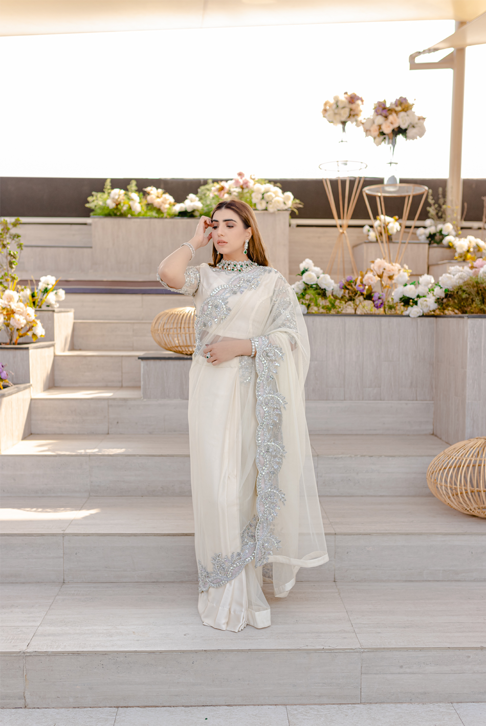 Pakistani Ivory Silver Crystal Organza Silk Saree (1-Pc) - Image 1