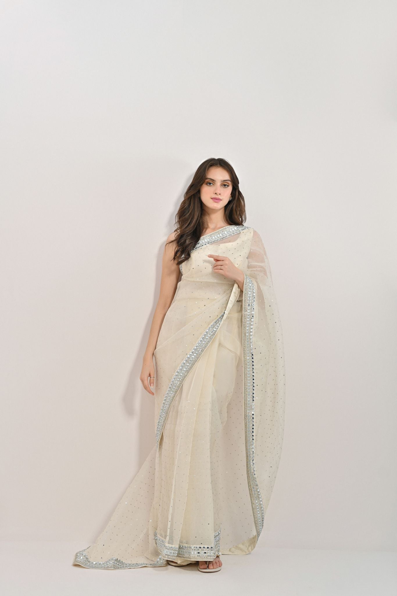 Ivory Silver Handwork Pure Organza Saree (2-Piece) - Image 1