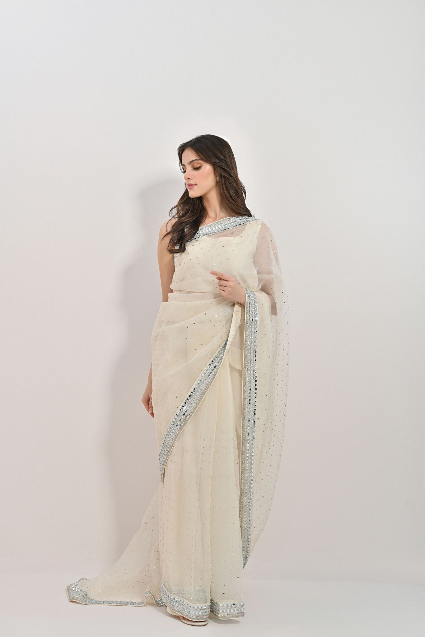 Ivory Silver Handwork Pure Organza Saree (2-Piece) - Image 5