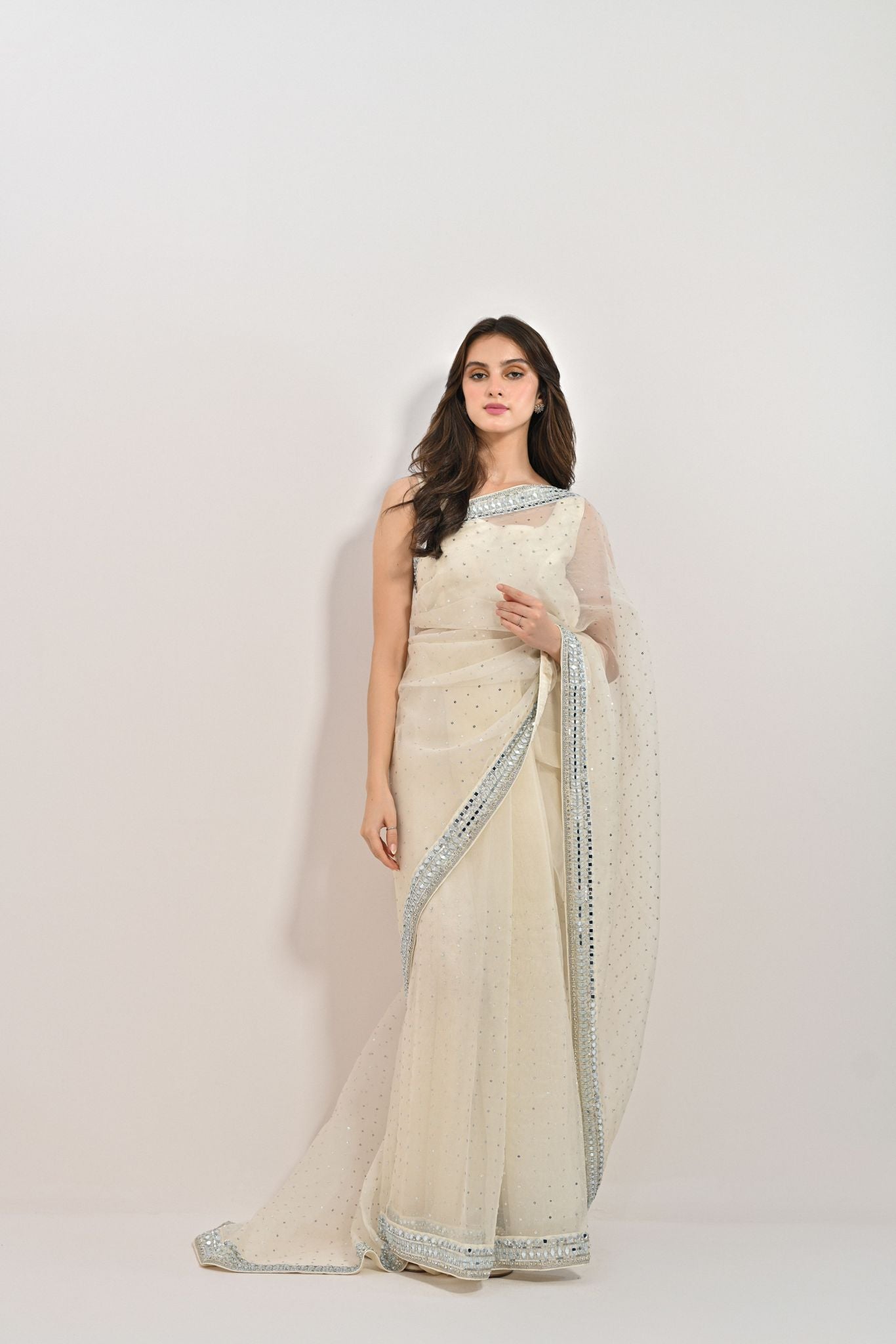 Ivory Silver Handwork Pure Organza Saree (2-Piece) - Image 7