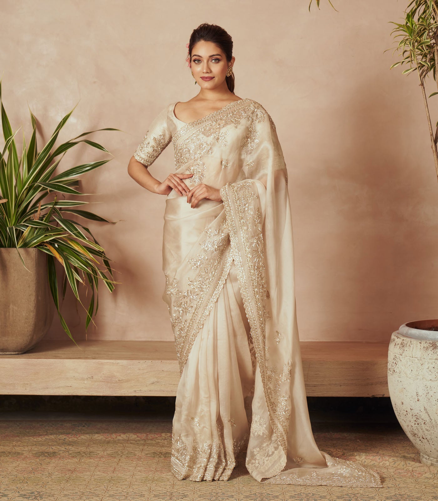 Ivory Embroidered Organza Saree (2-Piece) - Image 1