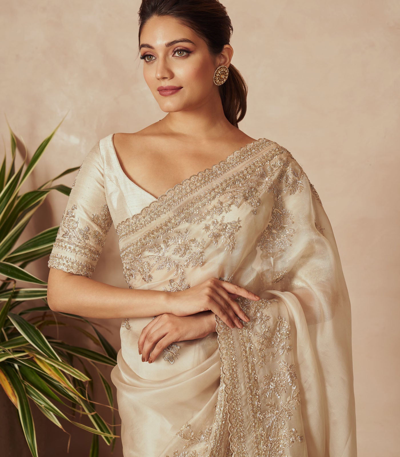 Ivory Embroidered Organza Saree (2-Piece) - Image 2