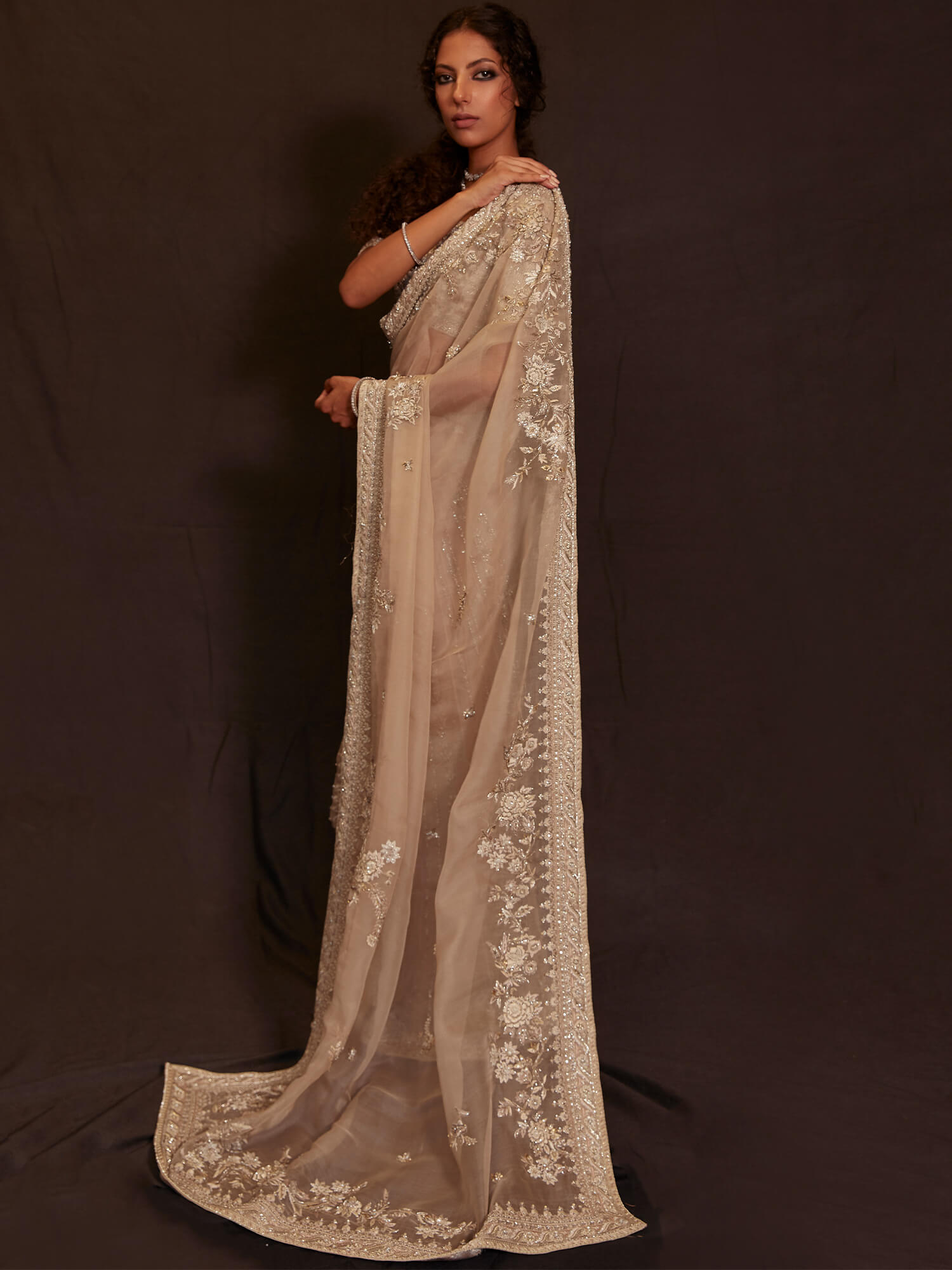 Pakistani Ivory Zardozi Organza & Raw Silk Saree (2-Piece) - Image 3