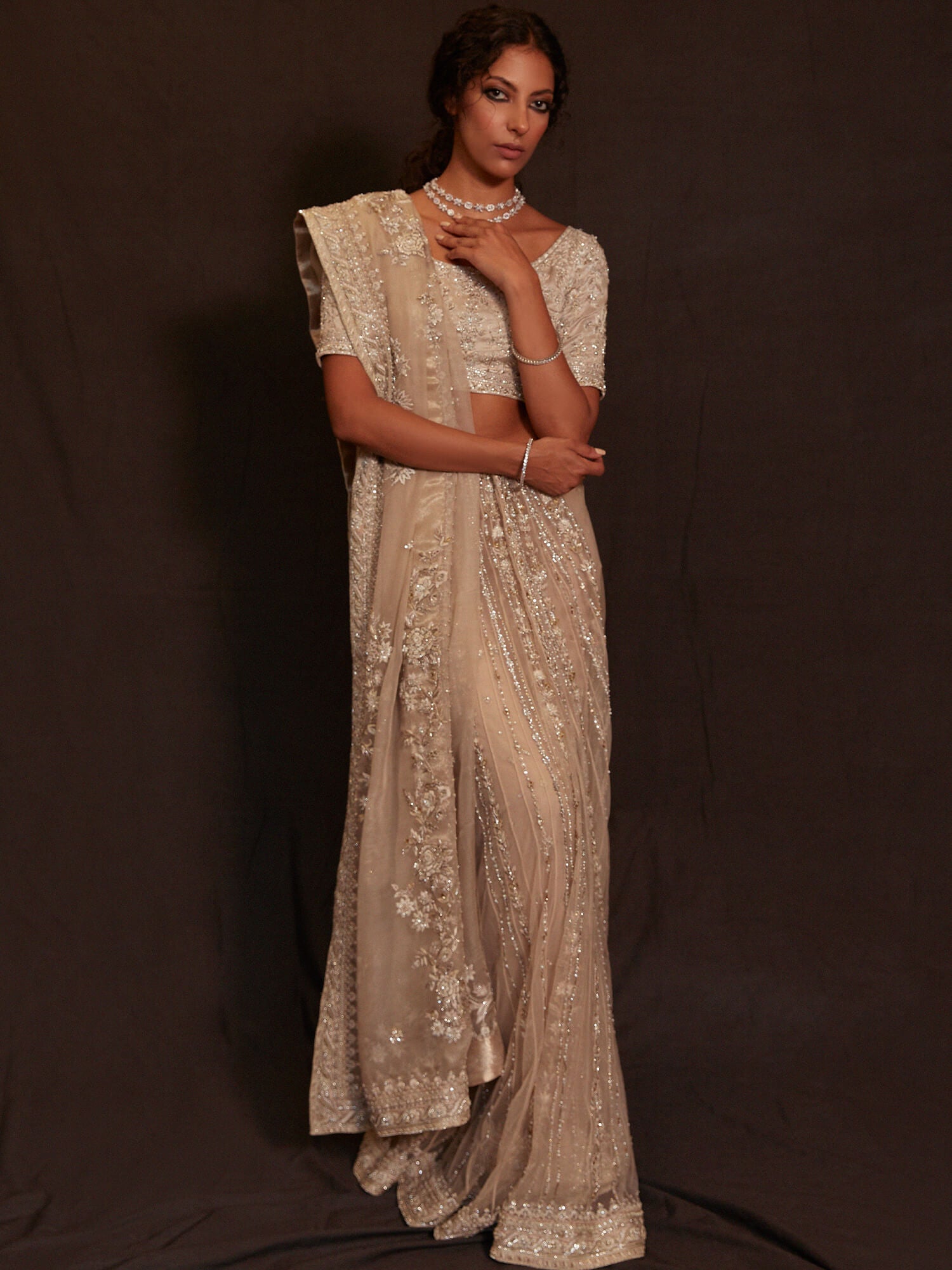Pakistani Ivory Zardozi Organza & Raw Silk Saree (2-Piece) - Image 4