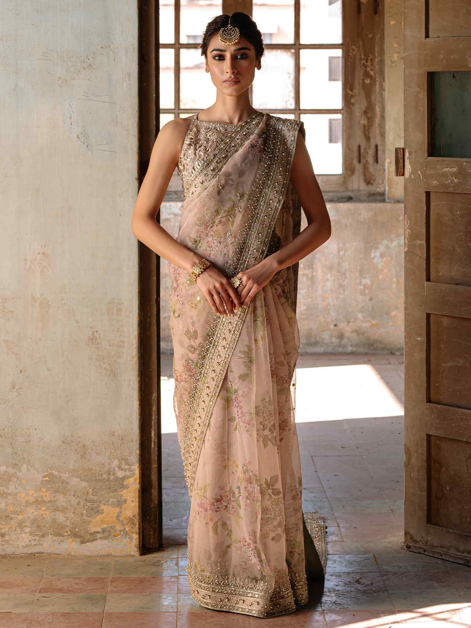 Pakistani Nude Zardozi Embroidered Organza Sari (2-Piece) - Image 1