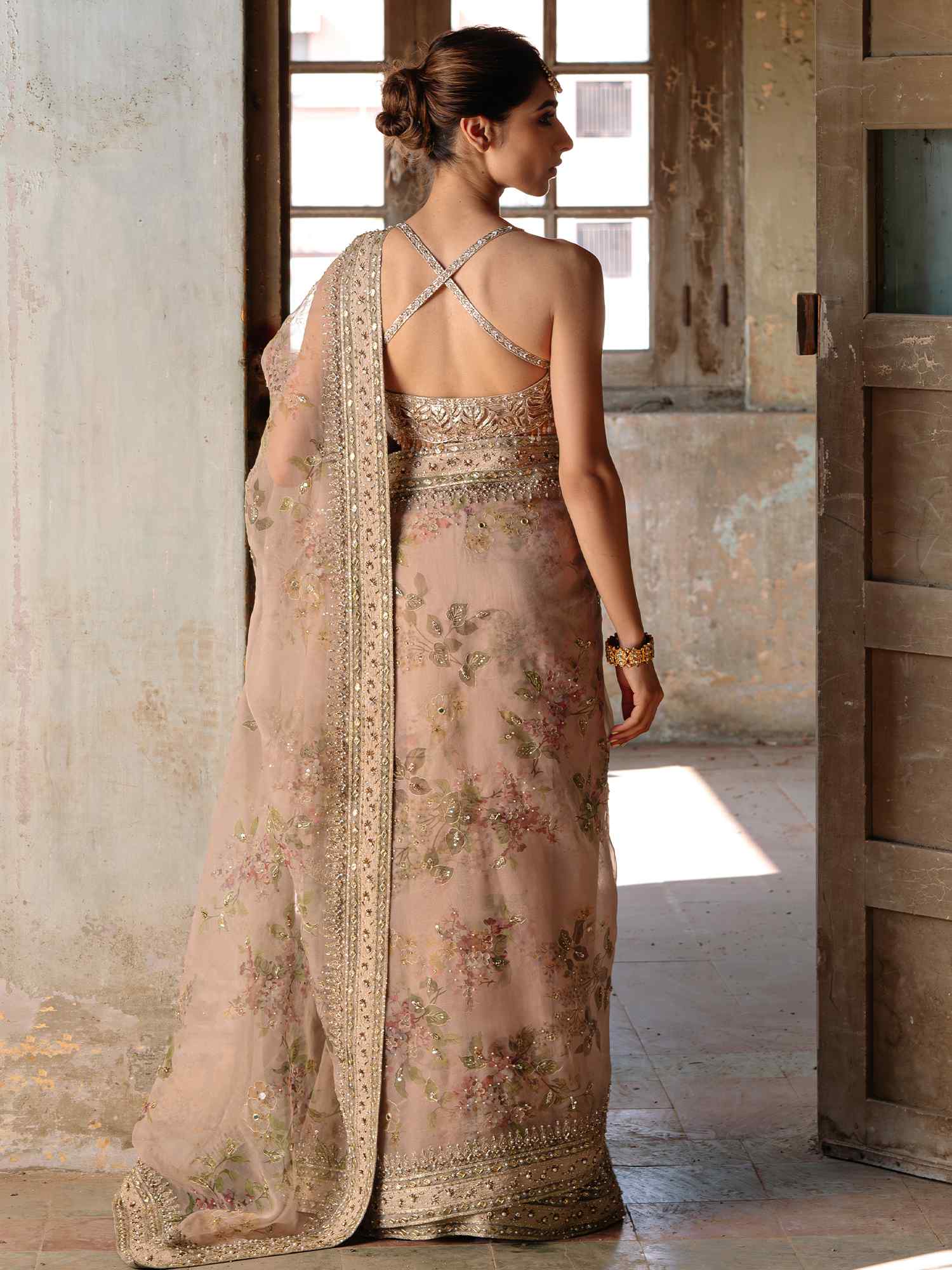 Pakistani Nude Zardozi Embroidered Organza Sari (2-Piece) - Image 4