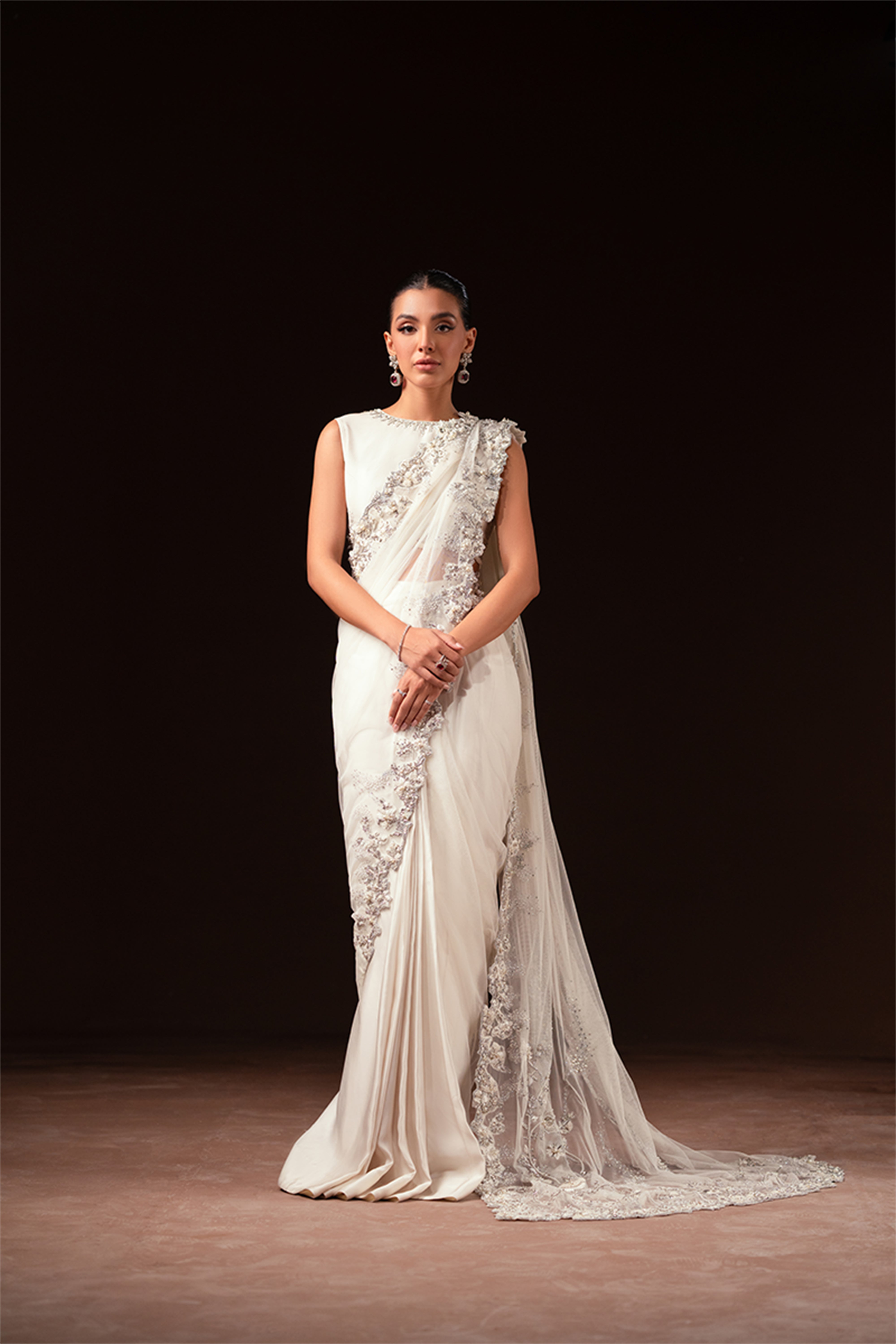 Indian Ivory Hand-Embellished Net and Silk Saree (3-Piece) - Image 1