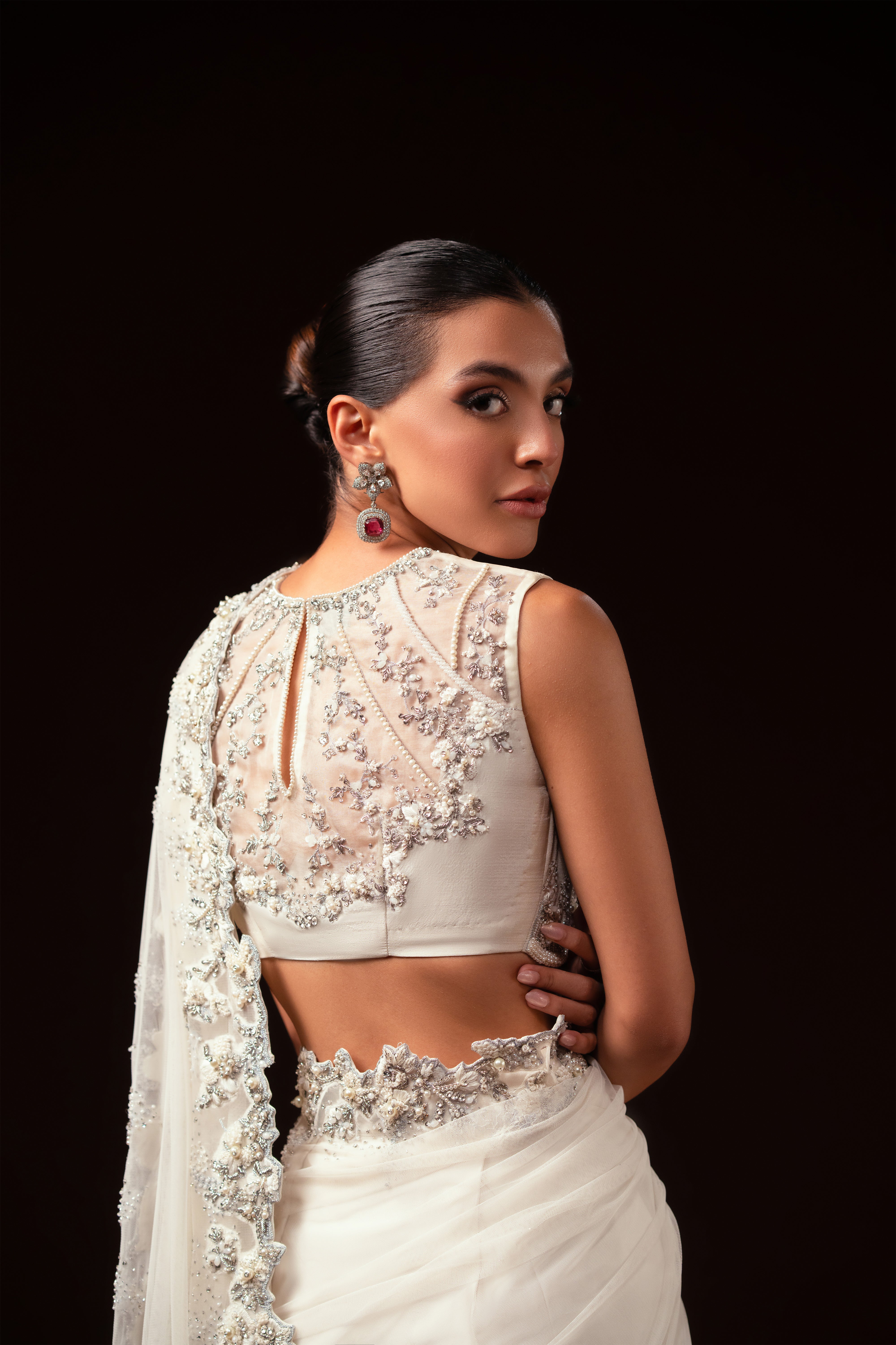 Indian Ivory Hand-Embellished Net and Silk Saree (3-Piece) - Image 10