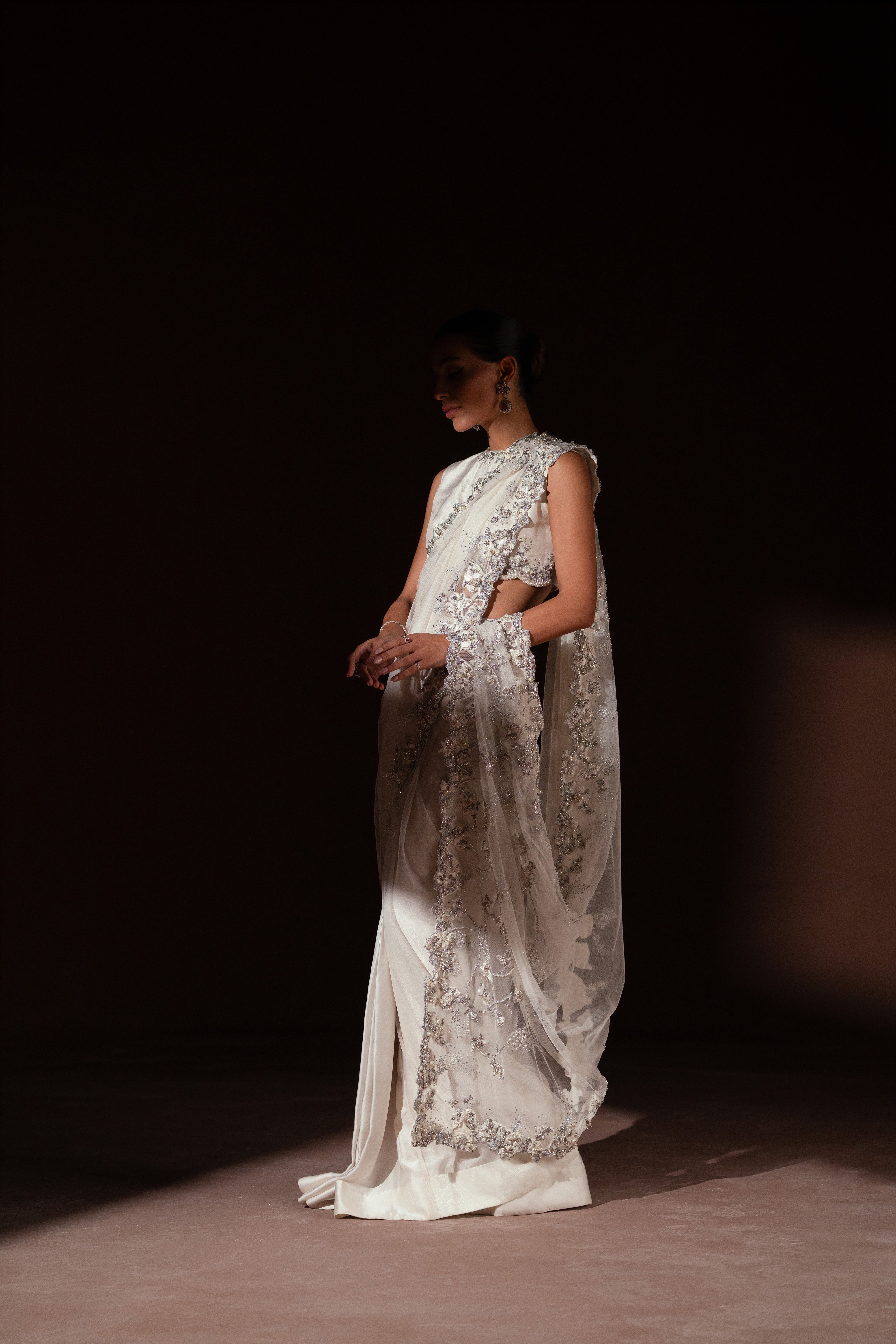 Indian Ivory Hand-Embellished Net and Silk Saree (3-Piece) - Image 11