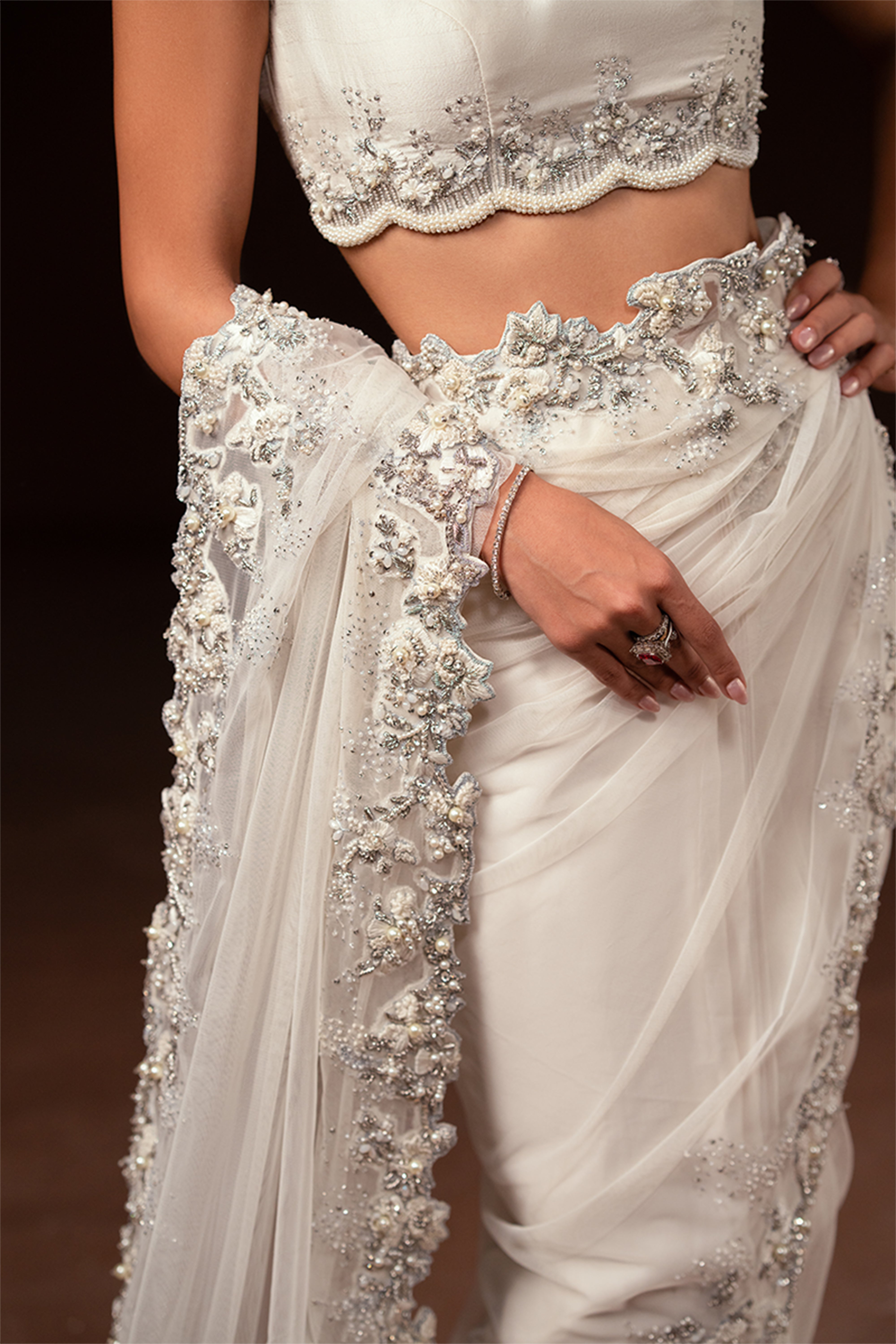 Indian Ivory Hand-Embellished Net and Silk Saree (3-Piece) - Image 5