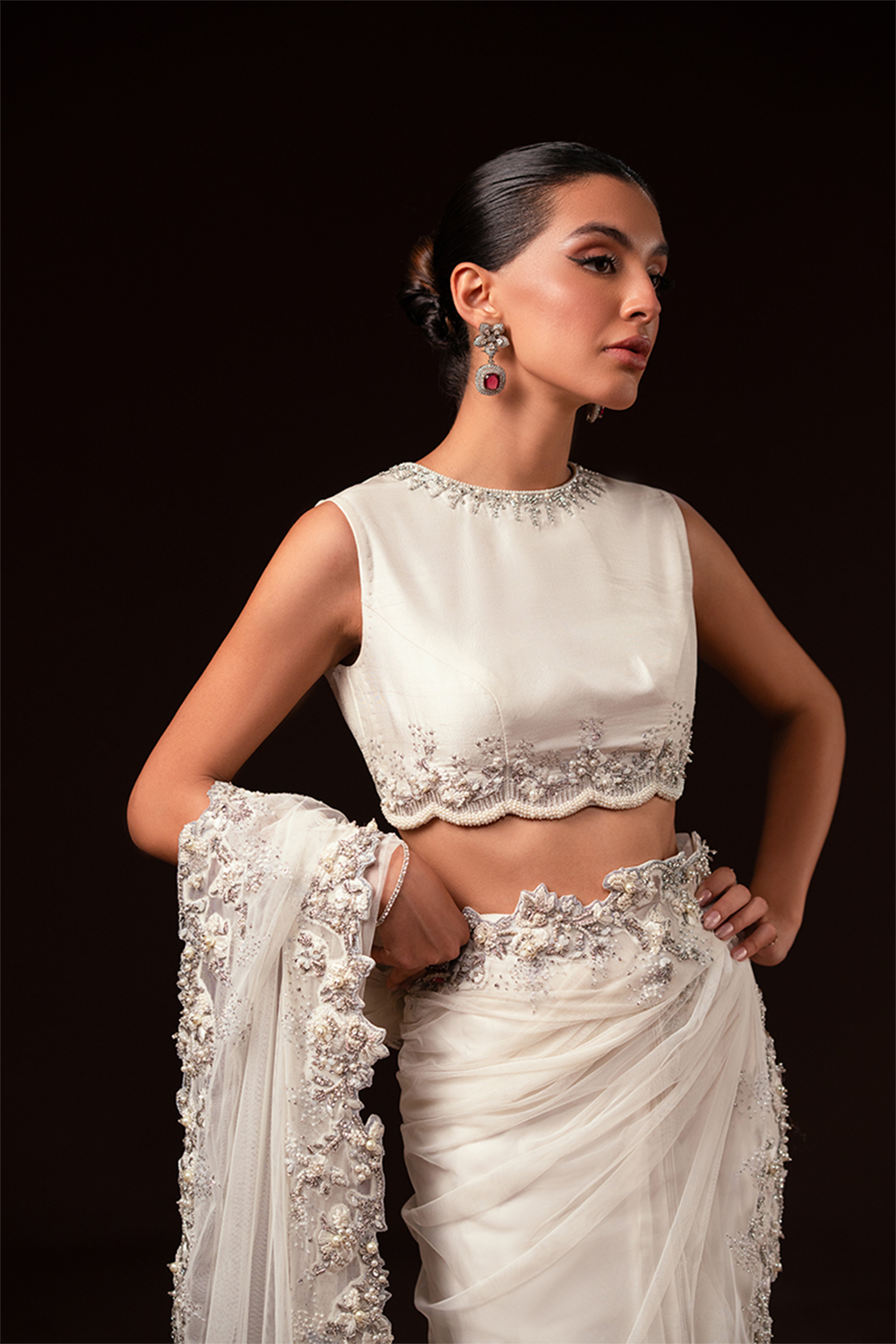 Indian Ivory Hand-Embellished Net and Silk Saree (3-Piece) - Image 6