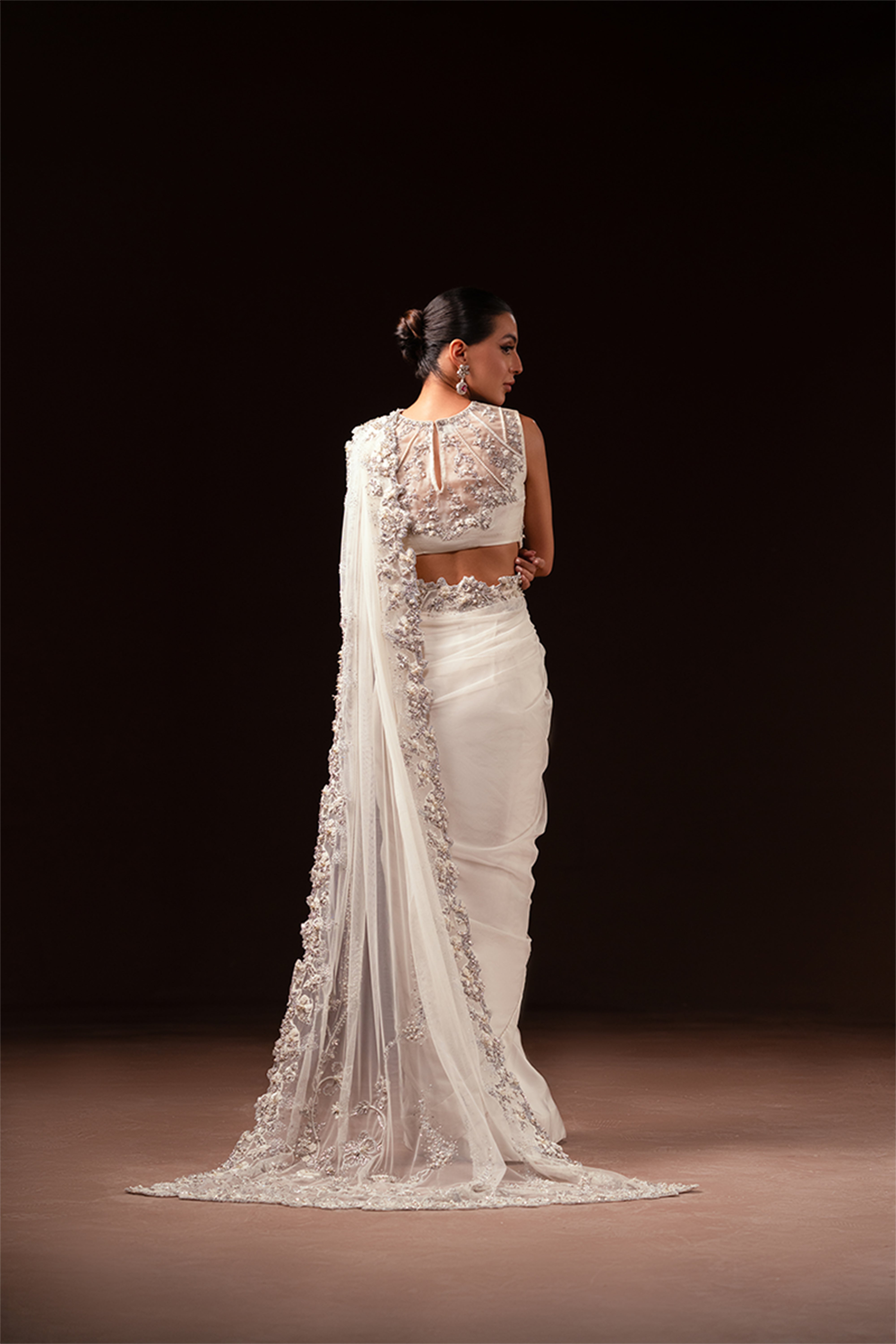 Indian Ivory Hand-Embellished Net and Silk Saree (3-Piece) - Image 9