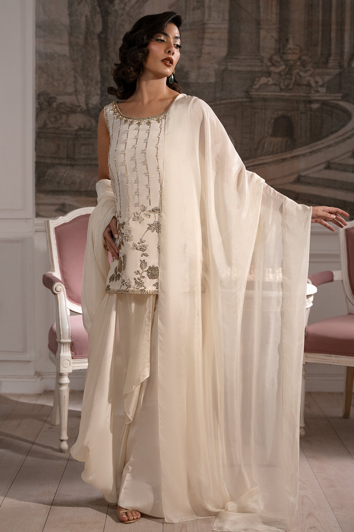 Pakistani Ivory Embroidered Roman Silk Saree Set (3-Piece) - Image 1