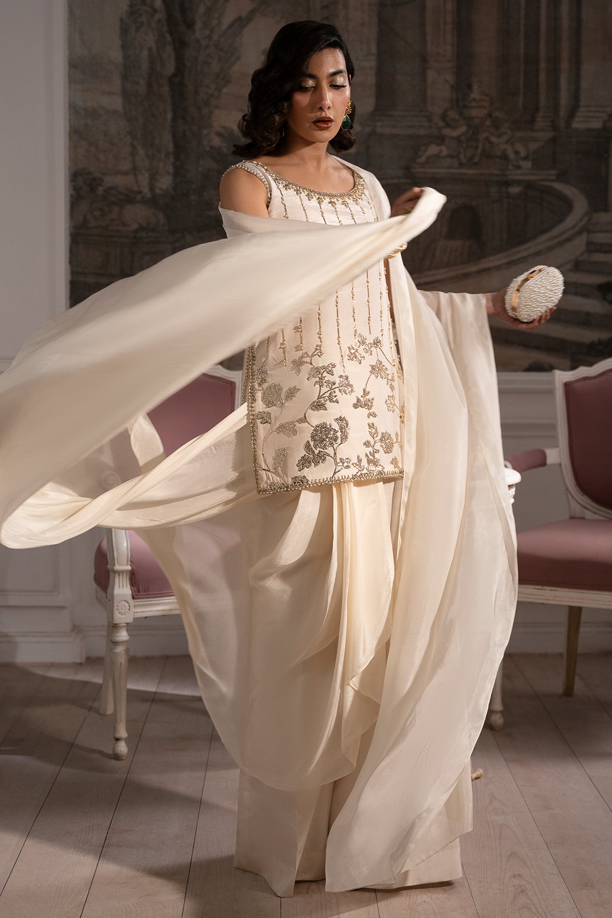 Pakistani Ivory Embroidered Roman Silk Saree Set (3-Piece) - Image 2