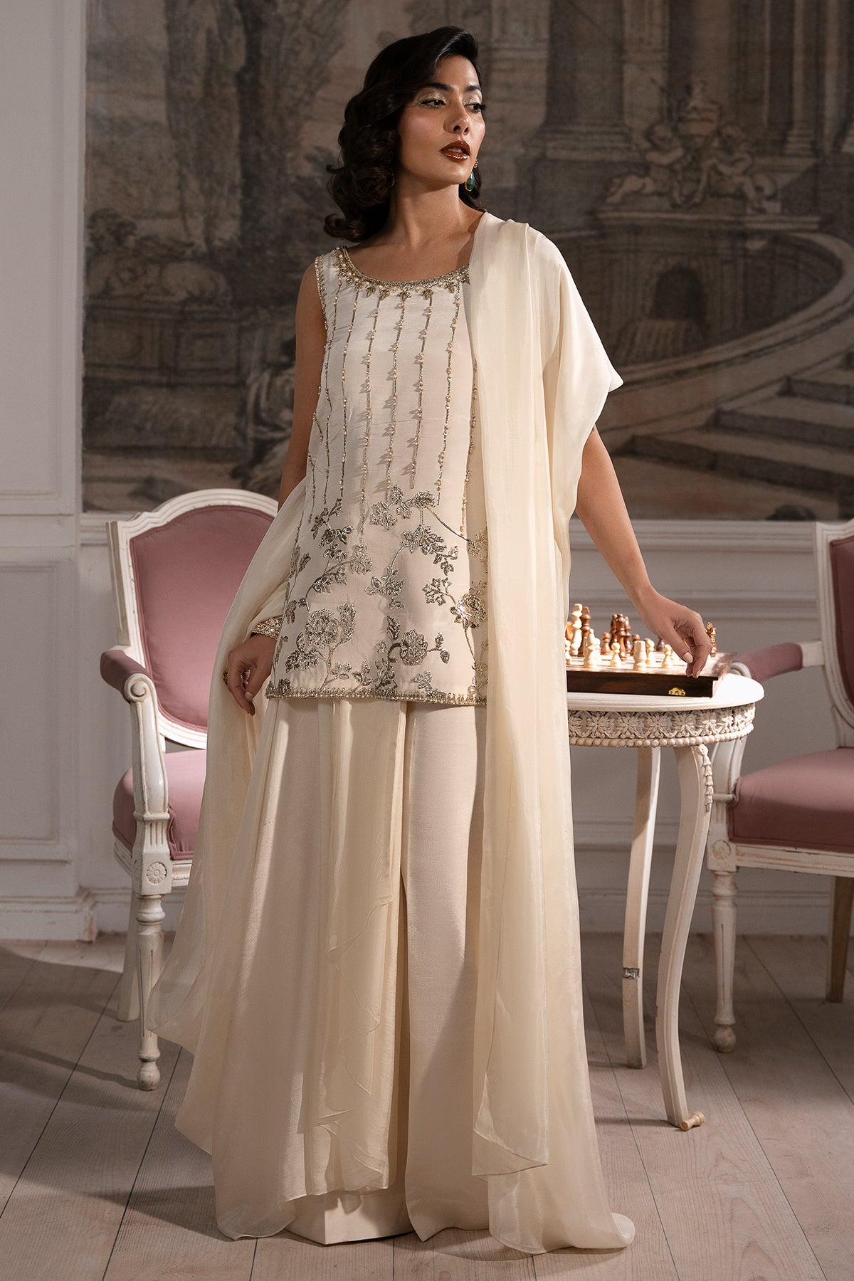 Pakistani Ivory Embroidered Roman Silk Saree Set (3-Piece) - Image 3