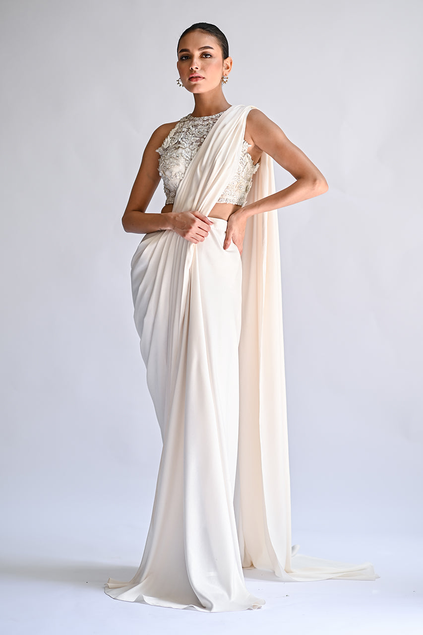 Pakistani Ivory 3D Floral Shimmer Crepe Saree (2-Piece) - Image 1