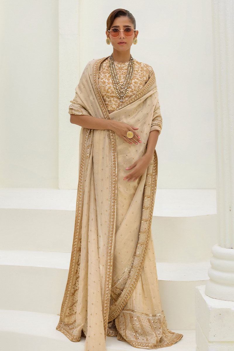 Pakistani Ivory Embellished Shimmer Saree (2-Piece) - Image 1