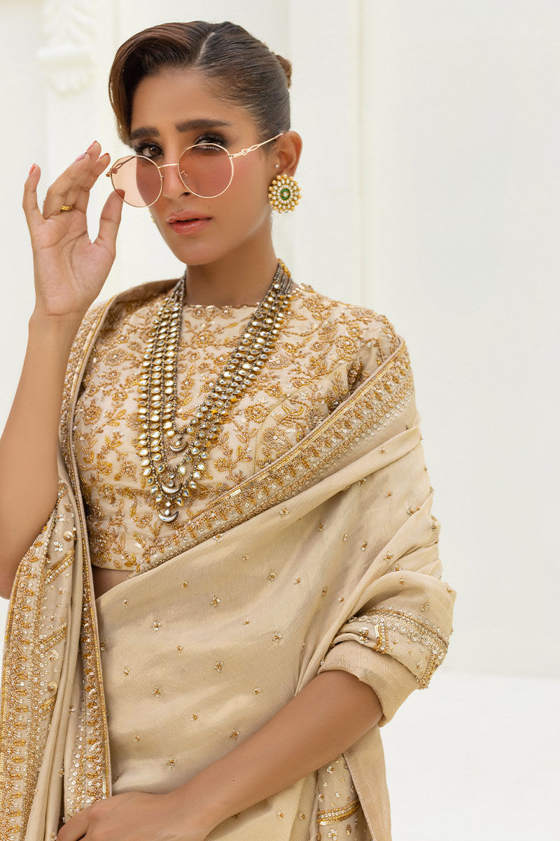 Pakistani Ivory Embellished Shimmer Saree (2-Piece) - Image 2
