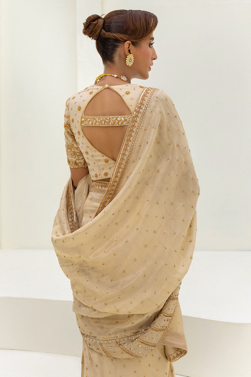 Pakistani Ivory Embellished Shimmer Saree (2-Piece) - Image 3