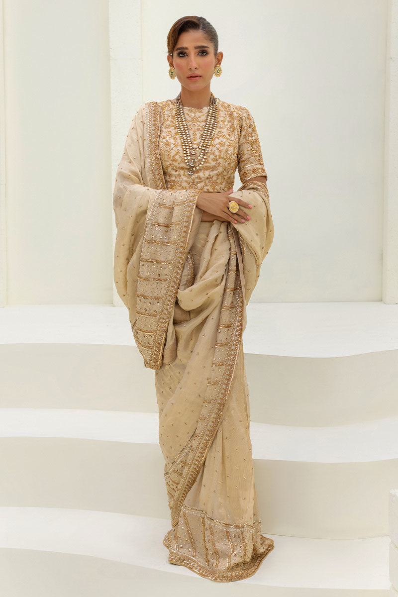 Pakistani Ivory Embellished Shimmer Saree (2-Piece) - Image 4