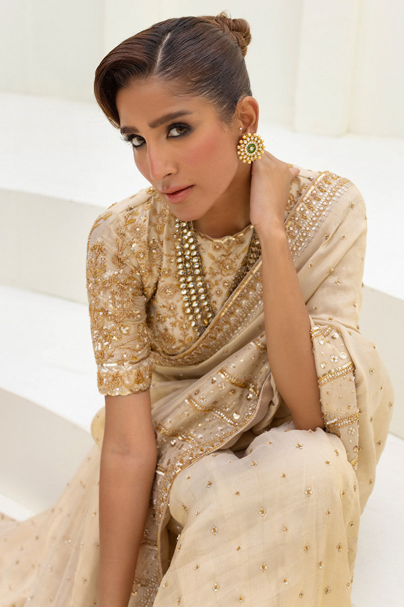 Pakistani Ivory Embellished Shimmer Saree (2-Piece) - Image 6
