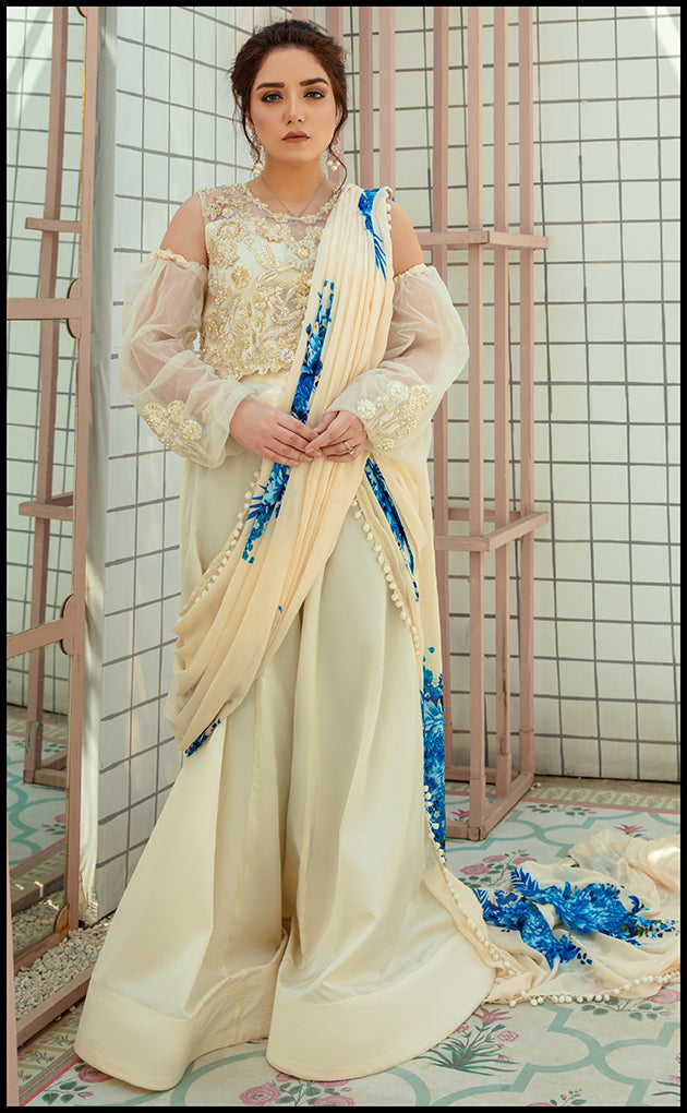 Ivory 3D Embellished Silk Saree-Draped Ensemble (1-Pc) - Image 2