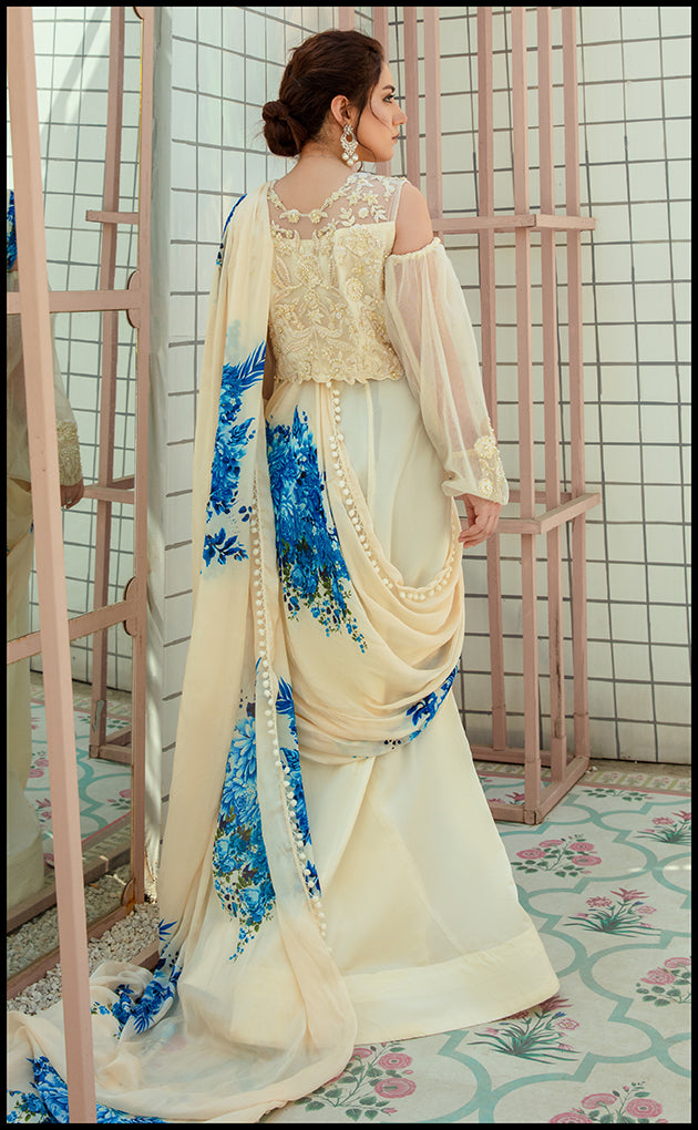 Ivory 3D Embellished Silk Saree-Draped Ensemble (1-Pc) - Image 3