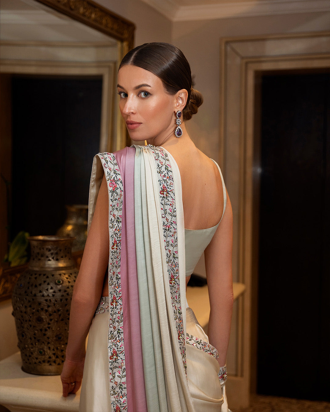 Ivory Ombre Embroidered Silk Saree (2-Piece) - Image 3