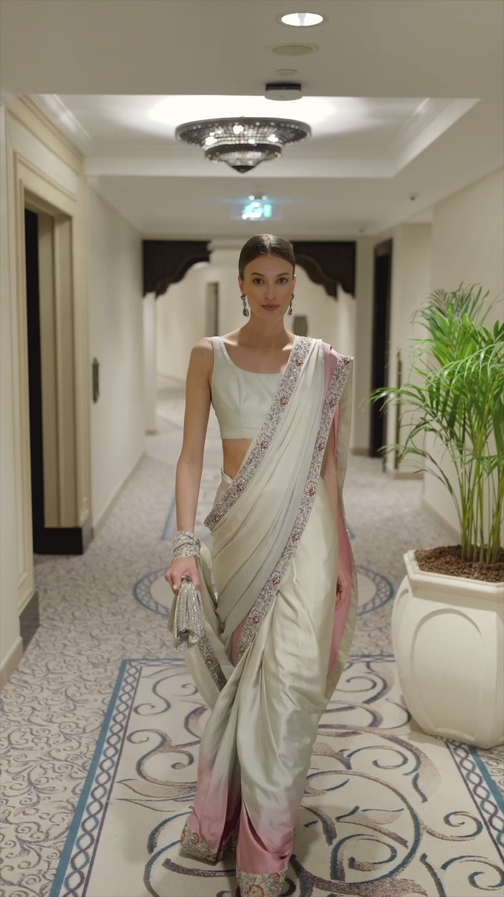 Ivory Ombre Embroidered Silk Saree (2-Piece) - Image 5